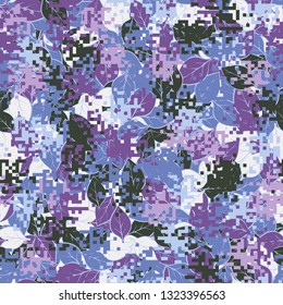 Seamless pattern. Fashionable texture in camouflage style. The top layer is pixel. 
The background consists of chaos of leaves. Editable.