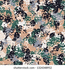 Seamless pattern. Fashionable texture in camouflage style. The top layer is pixel. 
The background consists of chaos of leaves. Editable.
