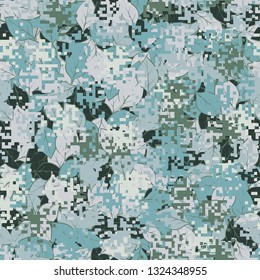 Seamless pattern. Fashionable texture in camouflage style. The top layer is pixel. 
The background consists of chaos of leaves. Editable.