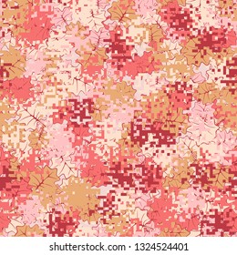 Seamless pattern. Fashionable texture in camouflage style. The top layer is pixel. 
The background consists of maple leaves. Editable.