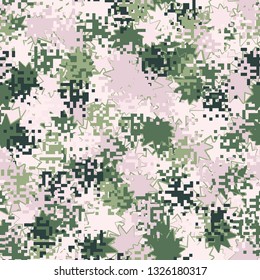 Seamless pattern. Fashionable texture in camouflage style. The top layer is pixel. 
Background consisting of oblique multipath stars.