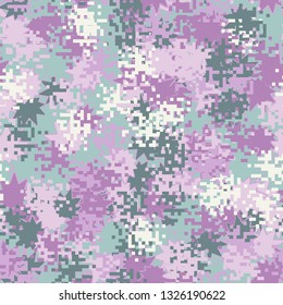 Seamless pattern. Fashionable texture in camouflage style. The top layer is pixel. 
Background consisting of oblique multipath stars.
