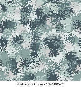 Seamless pattern. Fashionable texture in camouflage style. The top layer is pixel. 
Background consisting of oblique multipath stars.