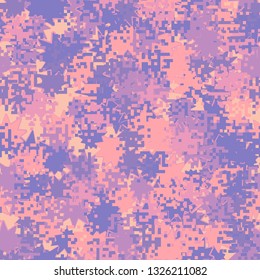 Seamless pattern. Fashionable texture in camouflage style. The top layer is pixel. 
Background consisting of oblique multipath stars.