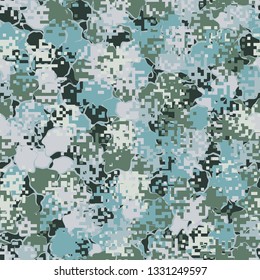 Seamless pattern. Fashionable texture in camouflage style. The top layer is pixel.
The background consists of uneven abstract spots.
