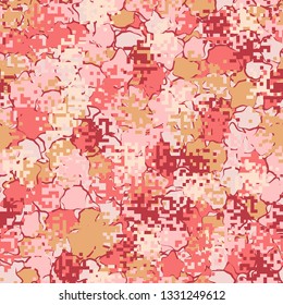 Seamless pattern. Fashionable texture in camouflage style. The top layer is pixel.
The background consists of uneven abstract spots.
