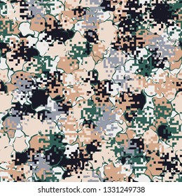 Seamless pattern. Fashionable texture in camouflage style. The top layer is pixel.
The background consists of uneven abstract spots.