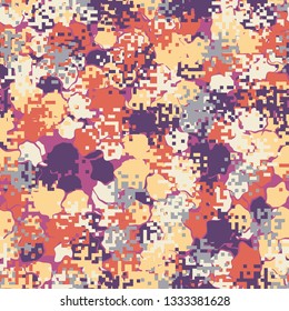 Seamless pattern. Fashionable texture in camouflage style. The top layer is pixel.
The background consists of uneven abstract spots.