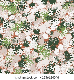 Seamless pattern. Fashionable texture in camouflage style. The top layer is pixel.
The background consists of uneven abstract spots.