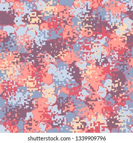 Seamless pattern. Fashionable texture in camouflage style. The top layer is pixel.
The background consists of uneven abstract spots.