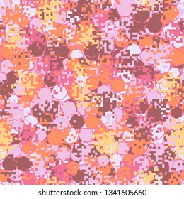 Seamless pattern. Fashionable texture in camouflage style. The top layer is pixel.
The background consists of chaos of hexagons of different colors.