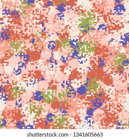 Seamless pattern. Fashionable texture in camouflage style. The top layer is pixel.
The background consists of chaos of hexagons of different colors.