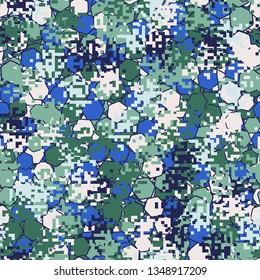 Seamless pattern. Fashionable texture in camouflage style. The top layer is pixel.
The background consists of chaos of hexagons of different colors.