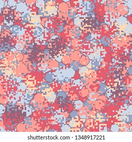 Seamless pattern. Fashionable texture in camouflage style. The top layer is pixel.
The background consists of chaos of hexagons of different colors.