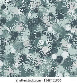Seamless pattern. Fashionable texture in camouflage style. The top layer is pixel.
The background consists of chaos of hexagons of different colors.