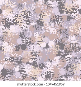 Seamless pattern. Fashionable texture in camouflage style. The top layer is pixel.
The background consists of chaos of hexagons of different colors.