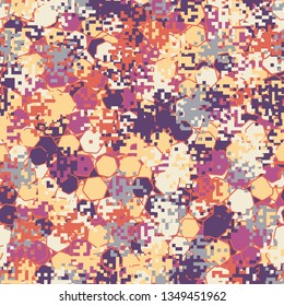 Seamless pattern. Fashionable texture in camouflage style. The top layer is pixel.
The background consists of chaos of hexagons of different colors.