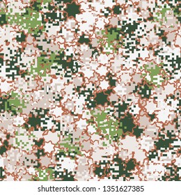 Seamless pattern. Fashionable texture in camouflage style. The top layer is pixel.
The background consists of seven-pointed stars with a stroke.