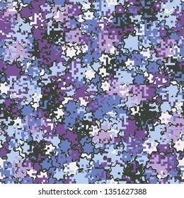 Seamless pattern. Fashionable texture in camouflage style. The top layer is pixel.
The background consists of seven-pointed stars with a stroke.