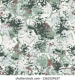 Seamless pattern. Fashionable texture in camouflage style. The top layer is pixel.
The background consists of angular shapes.