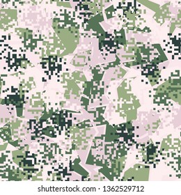 Seamless pattern. Fashionable texture in camouflage style. The top layer is pixel.
The background consists of large comminuted forms.