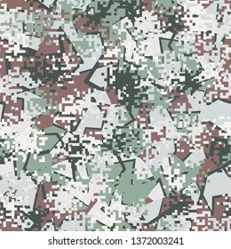 Seamless pattern. Fashionable texture in camouflage style. The top layer is pixel.
The background consists of large comminuted forms.