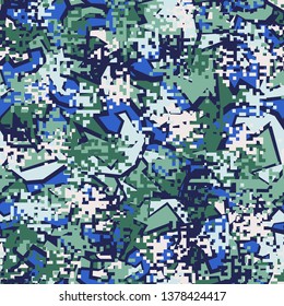 Seamless pattern. Fashionable texture in camouflage style. The top layer is pixel.
The background consists of angular shapes.