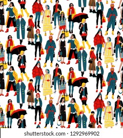 Seamless Pattern With Fashionable Young Women In Casual Style. Girl Street Style. Detailed Female Characters. Colorful Fashion Illustration In Flat Cartoon Style.