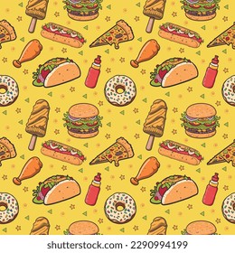 Seamless pattern of fast food. Barger, Taco, pizza, Donut, Ice cream, hot dog vector, on yellow background  