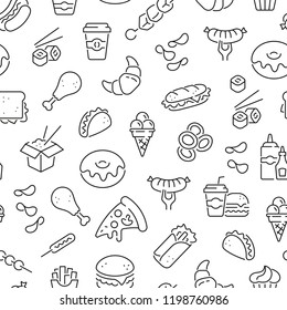 Seamless pattern with fast food. Black and white thin line icons