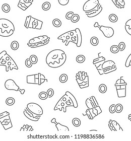 Seamless pattern with fast food. Black and white thin line icons