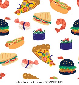 Seamless pattern with fast food. Burger, pizza, sushi, shrimp and sandwich. Tasty Unhealthy Meals. Design Element for Website, Cooking Book, Restaurant Menu, Wrapping Paper. Vector Illustration
