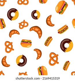 seamless pattern of fast food, burger, hot dog and donut. vector illustration on a white background