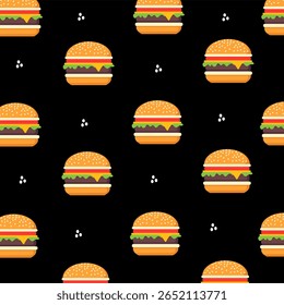 Seamless pattern of fast food burgers on a black background. Vector illustration.