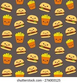 Seamless pattern of fast food: burgers and french fries with cute smiley faces.