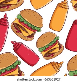 seamless pattern of fast food cheese burger with tomato ketchup and mustard