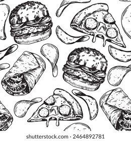 seamless pattern with fast food. chips, burger, pizza. sketch style print