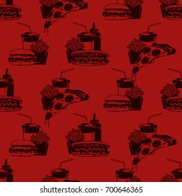 Seamless pattern with fast food combo dinners on burgundy background, vector illustration