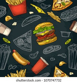 Seamless pattern fast food. Cup cola, coffee, chips, hamburger, pizza, hotdog, fry potato paper box, carton bucket popcorn. Vector vintage color engraving illustration isolated on dark background