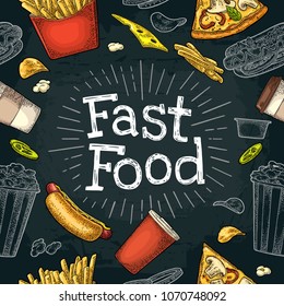 Seamless pattern fast food. Cup cola, coffee, chips, hamburger, pizza, hotdog, fry potato paper box, carton bucket popcorn. Vector vintage color engraving illustration isolated on dark background