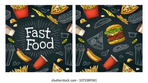 Seamless pattern fast food. Cup cola, coffee, chips, hamburger, pizza, hotdog, fry potato paper box, carton bucket popcorn. Vector vintage color engraving illustration isolated on dark background