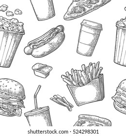 Seamless pattern fast food. Cup cola, coffee, hamburger, pizza, hotdog, fry potato paper box, carton bucket popcorn. Vector vintage black engraving illustration isolated on white background for menu