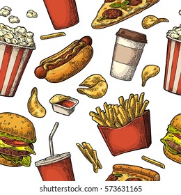 Seamless pattern fast food. Cup cola, coffee, chips, hamburger, pizza, hotdog, fry potato paper box, carton bucket popcorn. Vector vintage color engraving illustration isolated on white background