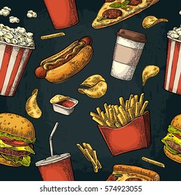 Seamless pattern fast food. Cup cola, coffee, chips, hamburger, pizza, hotdog, fry potato paper box, carton bucket popcorn. Vector vintage color engraving illustration isolated on dark background