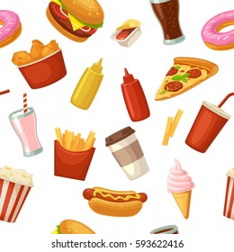 Seamless pattern fast food. Cup cola, coffee, donut, ice cream, milkshake, hamburger, chicken legs, hotdog, fry potato, popcorn, ketchup. Vector flat color illustration isolated on white background