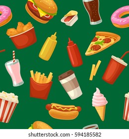 Seamless pattern fast food. Cup cola, coffee, donut, ice cream, milkshake, hamburger, chicken legs, hotdog, fry potato, popcorn, ketchup. Vector flat color illustration isolated on green background