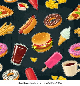 Seamless pattern fast food. Cup cola, coffee, donut, ice cream, chips, popsicle, pizza, hamburger, hotdog, fry potato, ketchup. Vector flat color illustration isolated on dark background