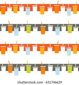 patrón sin fisuras de tazas de comida rápida con tapas y pajillas. Ilustración vectorial.