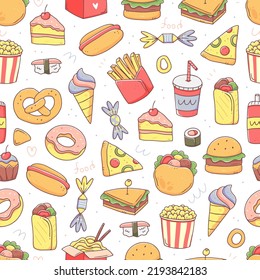 Patrón sin foco con comida rápida al estilo del doodle kawaii lindo. Fondo de la ilustración de comida chatarra vectorial.