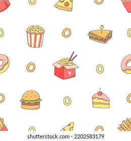 Seamless pattern and fast food in cute kawaii doodle style  Popcorn  sandwich  noodles  pizza  burger  cake  donut  French fries  Vector background illustration junk food 